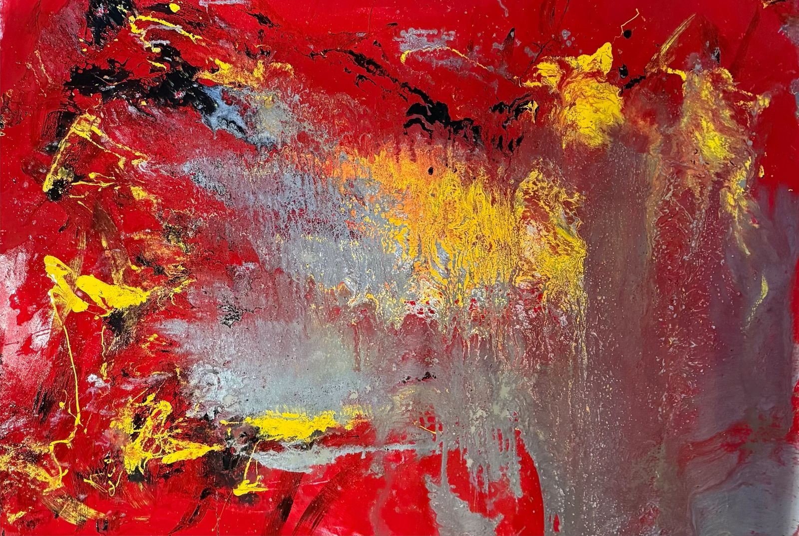 Fire is Raging — blazing red, yellow, and black abstract expressing wild, uncontrollable energy.
