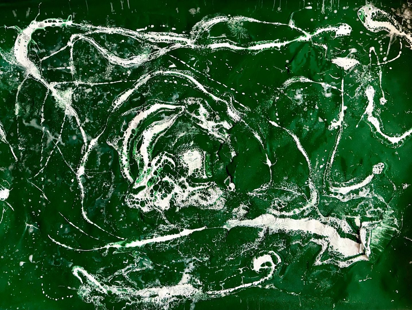 Sea Foam — fluid green abstract painting with swirling white lines, evoking waves and organic motion.