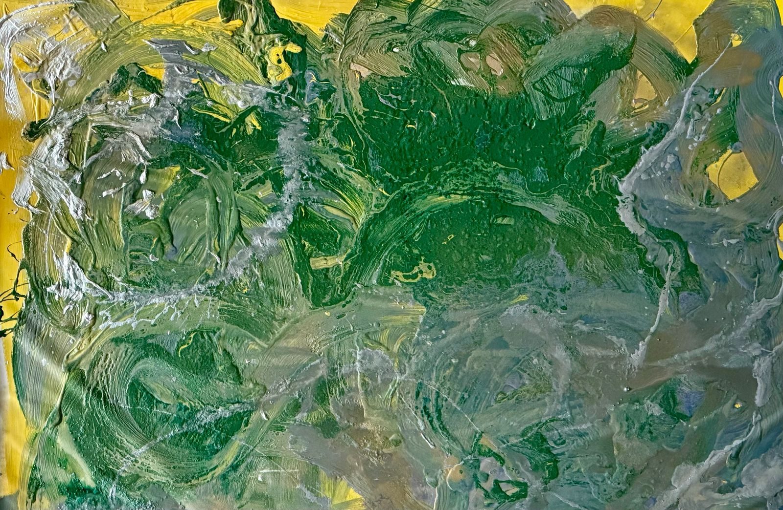 Spring Bloom — textured abstract painting with lively greens and glowing yellow, radiating energy.